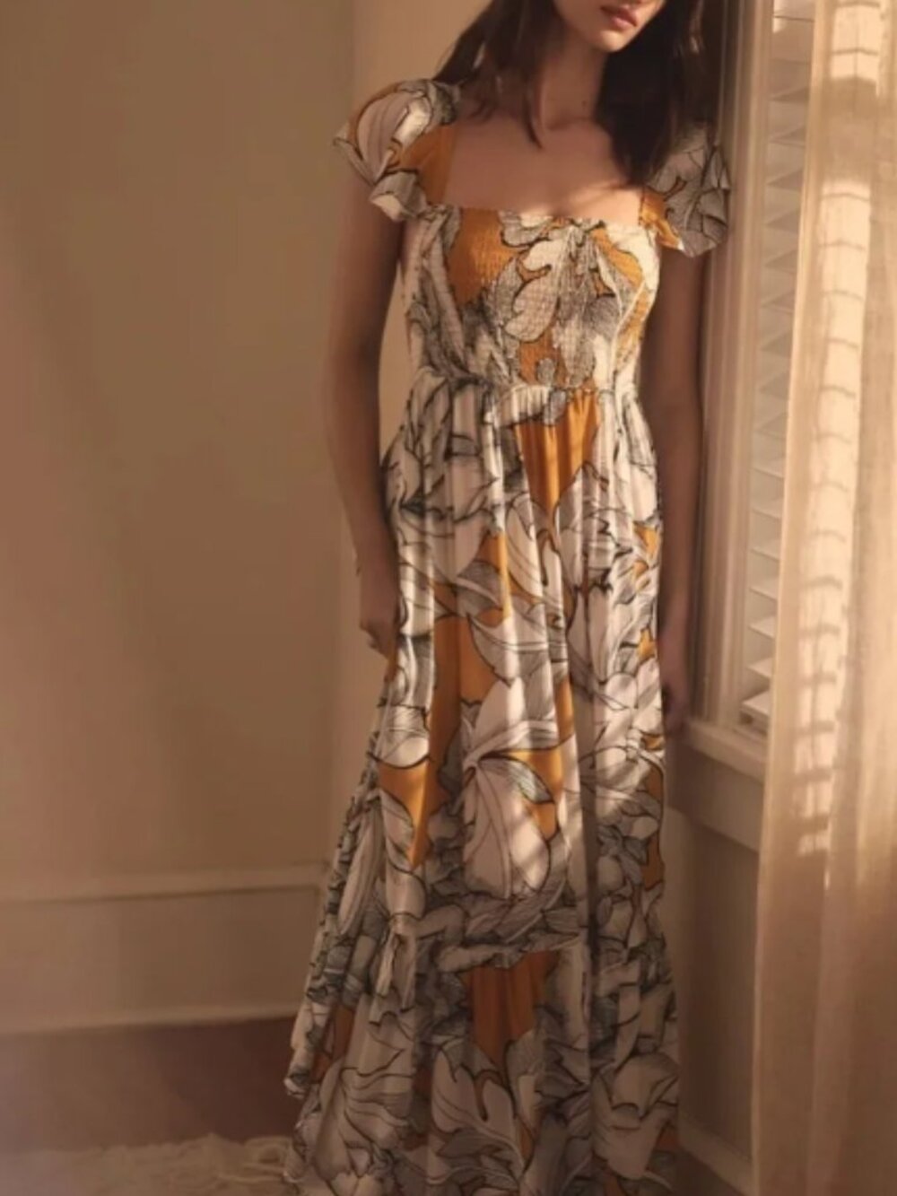 NWT, Large, Alexandra Farmer Short-Sleeve Smocked Midi Dress Anthropologie